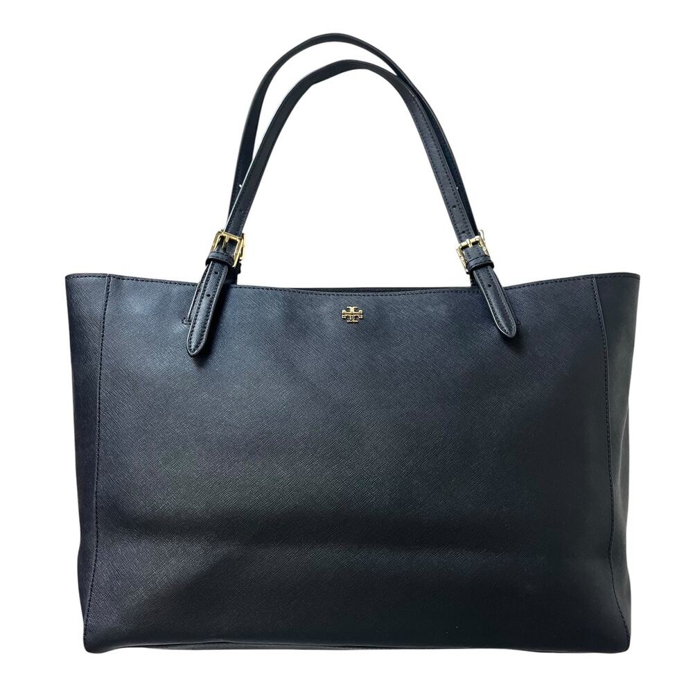 Tory Burch York Saffiano Leather Buckle Tote Dark Navy Blue Gold Hardware